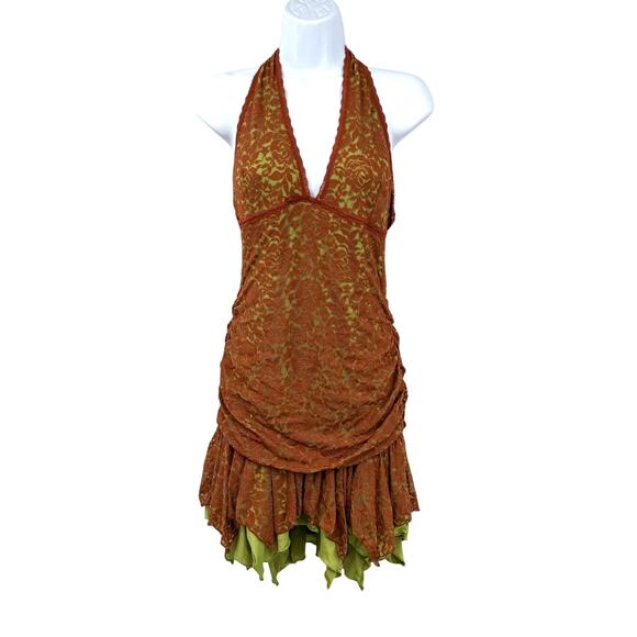 DOLLS KILL Current Mood Y2K Dress L Orange Green Tales of Fantasy Halter Lace - Picture 1 of 10
